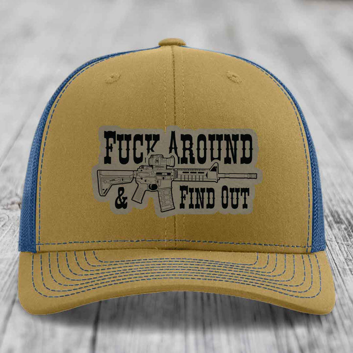F*ck Around &amp; Find Out (AR-15) - Leather Patch Hat - Light Brown to Black Patch - Richardson 112 Snapback Trucker Hat