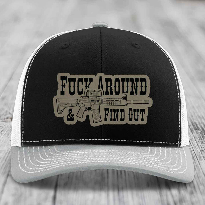 F*ck Around &amp; Find Out (AR-15) - Leather Patch Hat - Light Brown to Black Patch - Richardson 112 Snapback Trucker Hat