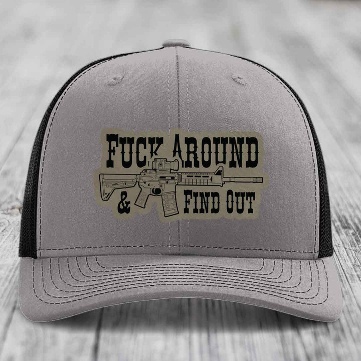 F*ck Around &amp; Find Out (AR-15) - Leather Patch Hat - Light Brown to Black Patch - Richardson 112 Snapback Trucker Hat