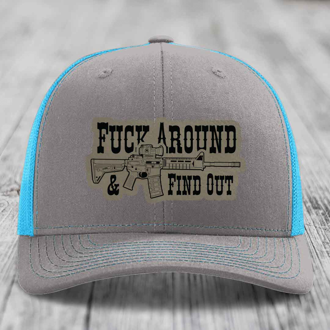 F*ck Around &amp; Find Out (AR-15) - Leather Patch Hat - Light Brown to Black Patch - Richardson 112 Snapback Trucker Hat