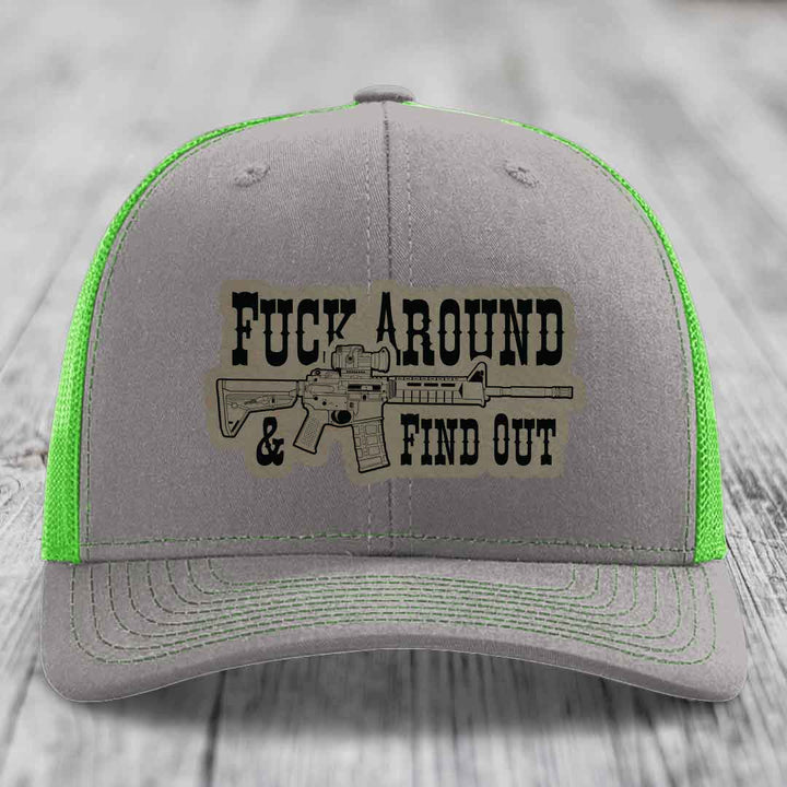 F*ck Around &amp; Find Out (AR-15) - Leather Patch Hat - Light Brown to Black Patch - Richardson 112 Snapback Trucker Hat