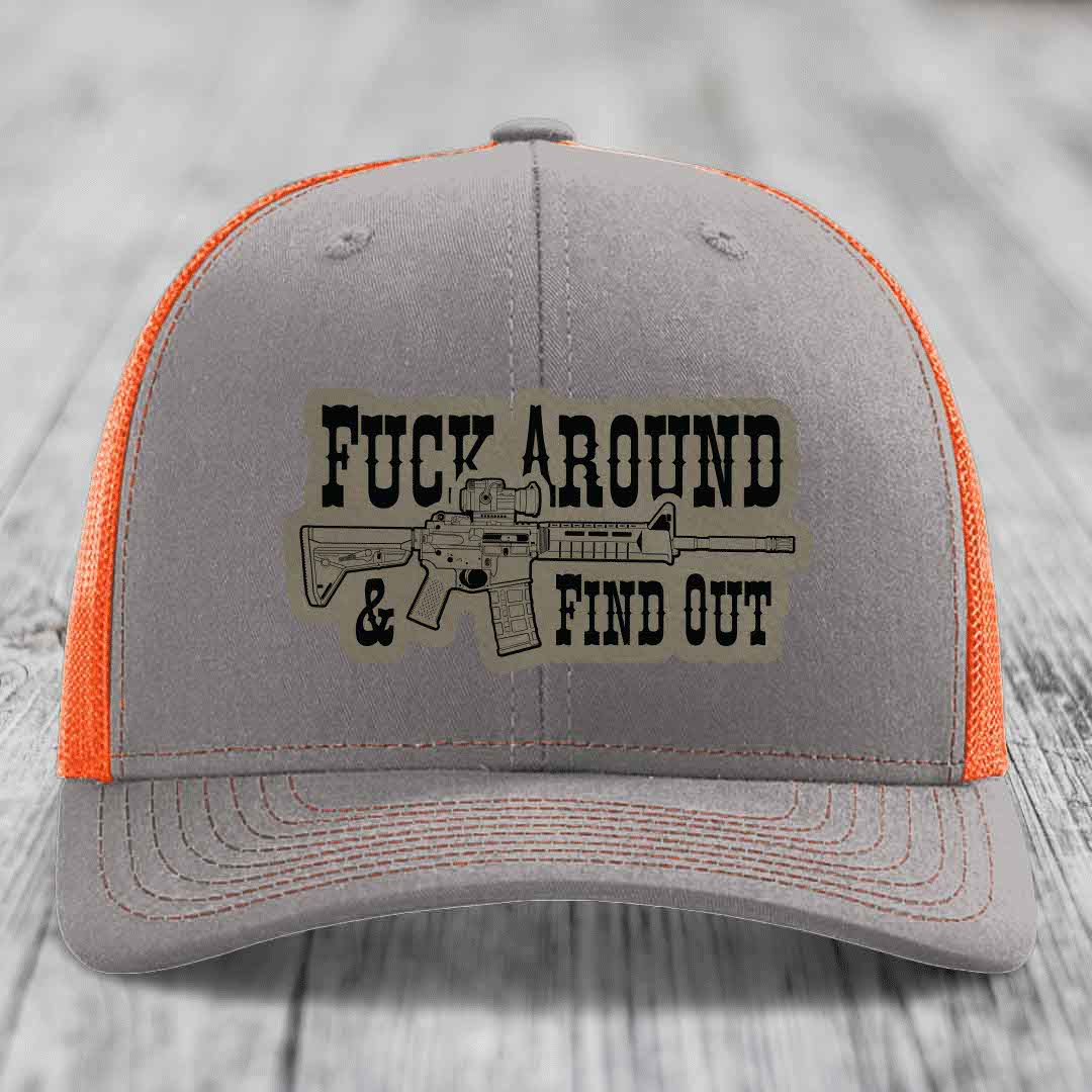F*ck Around &amp; Find Out (AR-15) - Leather Patch Hat - Light Brown to Black Patch - Richardson 112 Snapback Trucker Hat