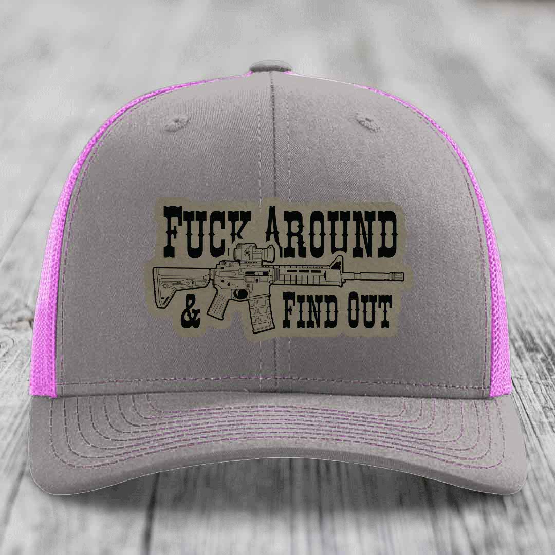 F*ck Around &amp; Find Out (AR-15) - Leather Patch Hat - Light Brown to Black Patch - Richardson 112 Snapback Trucker Hat
