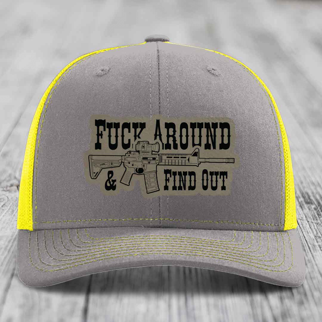 F*ck Around &amp; Find Out (AR-15) - Leather Patch Hat - Light Brown to Black Patch - Richardson 112 Snapback Trucker Hat