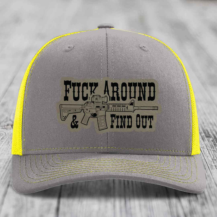 F*ck Around &amp; Find Out (AR-15) - Leather Patch Hat - Light Brown to Black Patch - Richardson 112 Snapback Trucker Hat