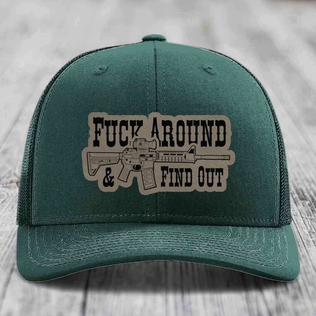 F*ck Around &amp; Find Out (AR-15) - Leather Patch Hat - Light Brown to Black Patch - Richardson 112 Snapback Trucker Hat