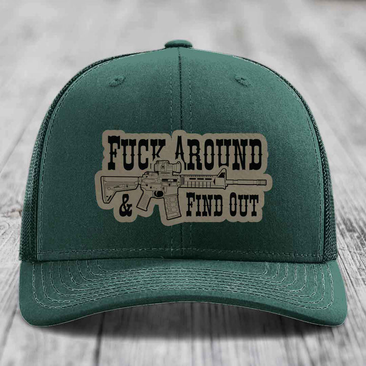 F*ck Around &amp; Find Out (AR-15) - Leather Patch Hat - Light Brown to Black Patch - Richardson 112 Snapback Trucker Hat