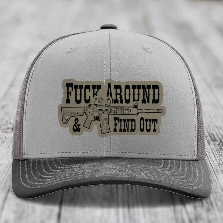 F*ck Around &amp; Find Out (AR-15) - Leather Patch Hat - Light Brown to Black Patch - Richardson 112 Snapback Trucker Hat
