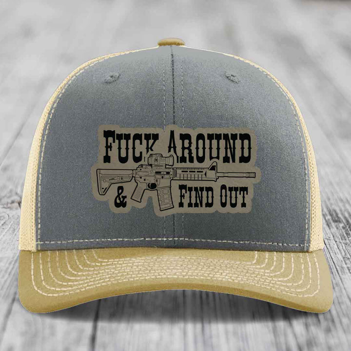 F*ck Around &amp; Find Out (AR-15) - Leather Patch Hat - Light Brown to Black Patch - Richardson 112 Snapback Trucker Hat