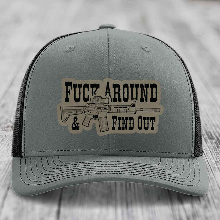 F*ck Around &amp; Find Out (AR-15) - Leather Patch Hat - Light Brown to Black Patch - Richardson 112 Snapback Trucker Hat