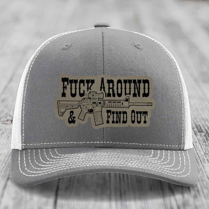 F*ck Around &amp; Find Out (AR-15) - Leather Patch Hat - Light Brown to Black Patch - Richardson 112 Snapback Trucker Hat