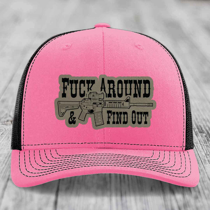 F*ck Around &amp; Find Out (AR-15) - Leather Patch Hat - Light Brown to Black Patch - Richardson 112 Snapback Trucker Hat