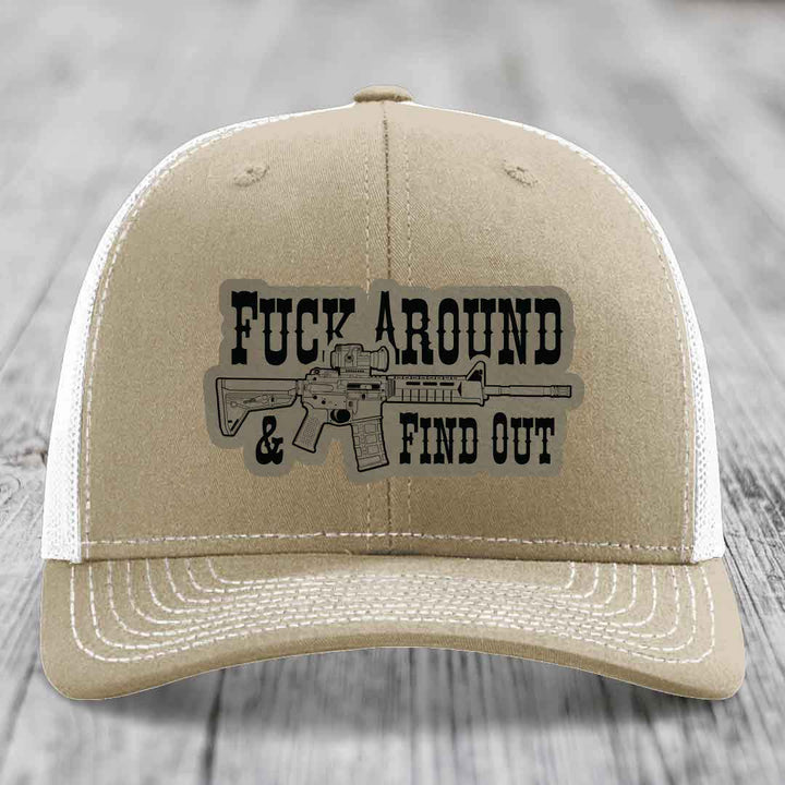 F*ck Around &amp; Find Out (AR-15) - Leather Patch Hat - Light Brown to Black Patch - Richardson 112 Snapback Trucker Hat