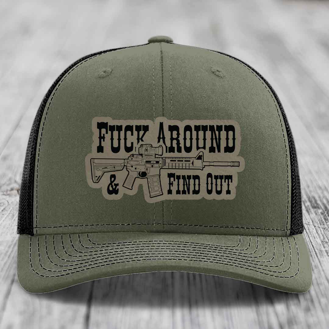 F*ck Around &amp; Find Out (AR-15) - Leather Patch Hat - Light Brown to Black Patch - Richardson 112 Snapback Trucker Hat