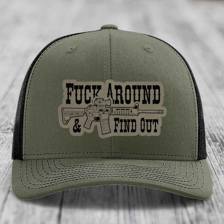 F*ck Around &amp; Find Out (AR-15) - Leather Patch Hat - Light Brown to Black Patch - Richardson 112 Snapback Trucker Hat