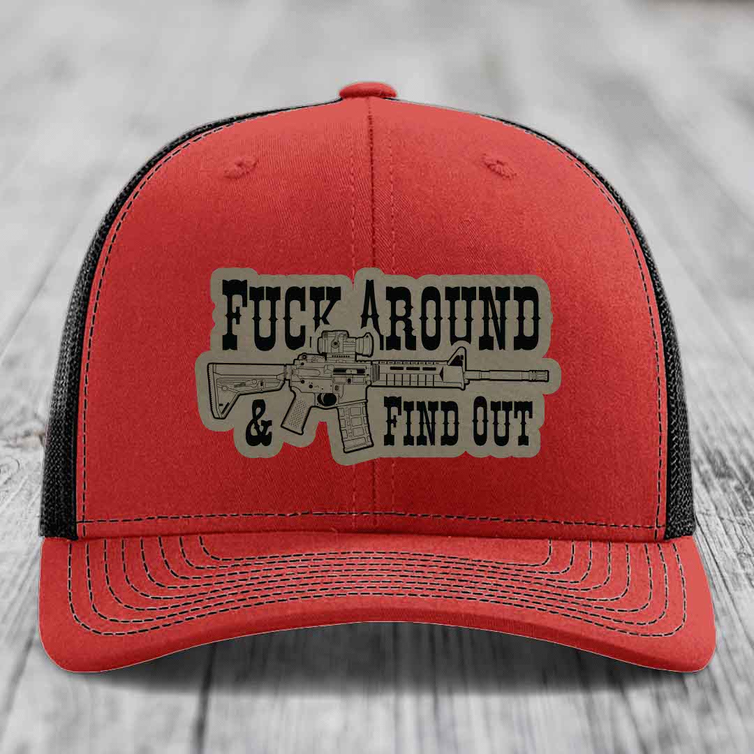 Red and black trucker hat with &