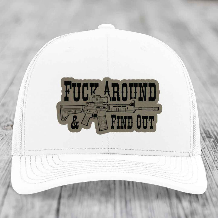 F*ck Around &amp; Find Out (AR-15) - Leather Patch Hat - Light Brown to Black Patch - Richardson 112 Snapback Trucker Hat