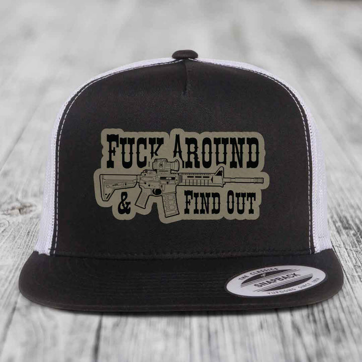 F*ck Around &amp; Find Out (AR-15) - Leather Patch Hat - Light Brown to Black Patch - Yupoong 6006 Snapback Flatbill Hat