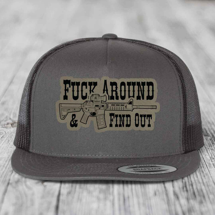 F*ck Around &amp; Find Out (AR-15) - Leather Patch Hat - Light Brown to Black Patch - Yupoong 6006 Snapback Flatbill Hat