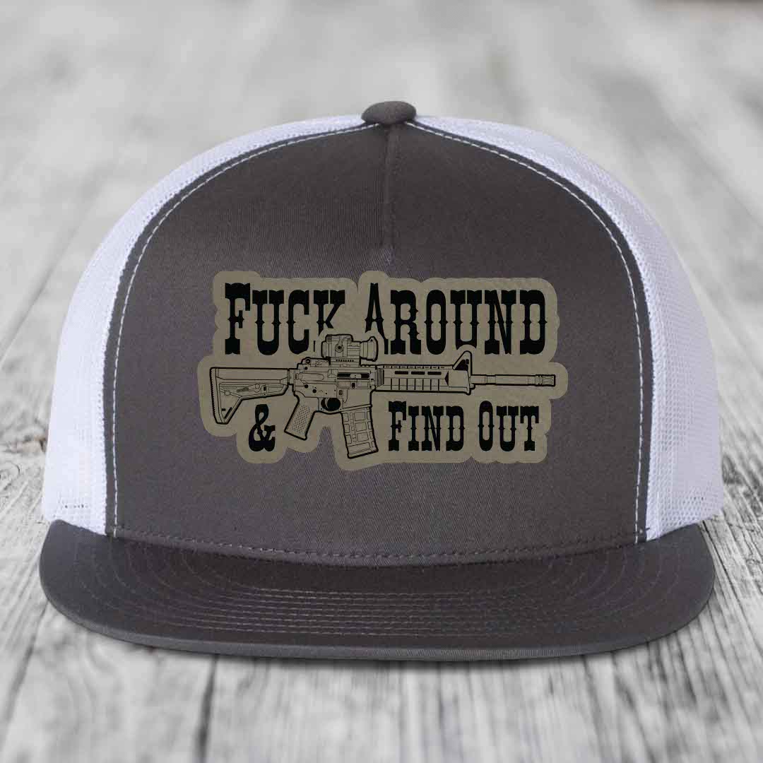 F*ck Around &amp; Find Out (AR-15) - Leather Patch Hat - Light Brown to Black Patch - Yupoong 6006 Snapback Flatbill Hat