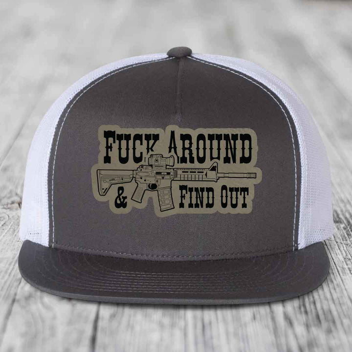 F*ck Around &amp; Find Out (AR-15) - Leather Patch Hat - Light Brown to Black Patch - Yupoong 6006 Snapback Flatbill Hat