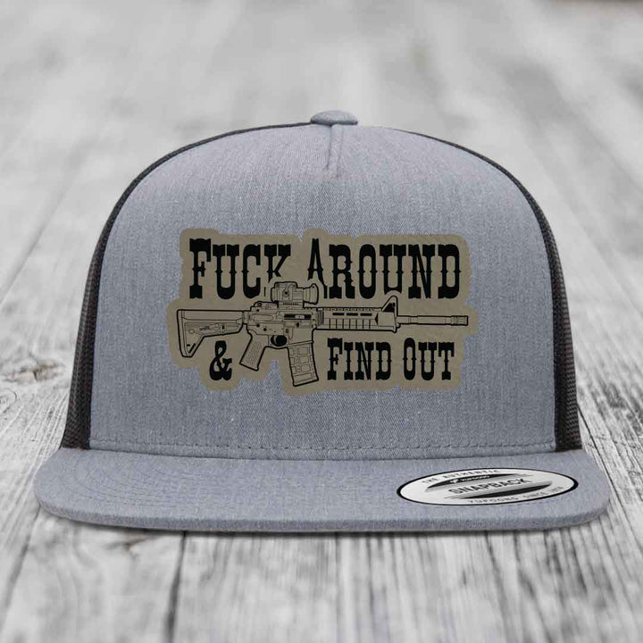 F*ck Around &amp; Find Out (AR-15) - Leather Patch Hat - Light Brown to Black Patch - Yupoong 6006 Snapback Flatbill Hat