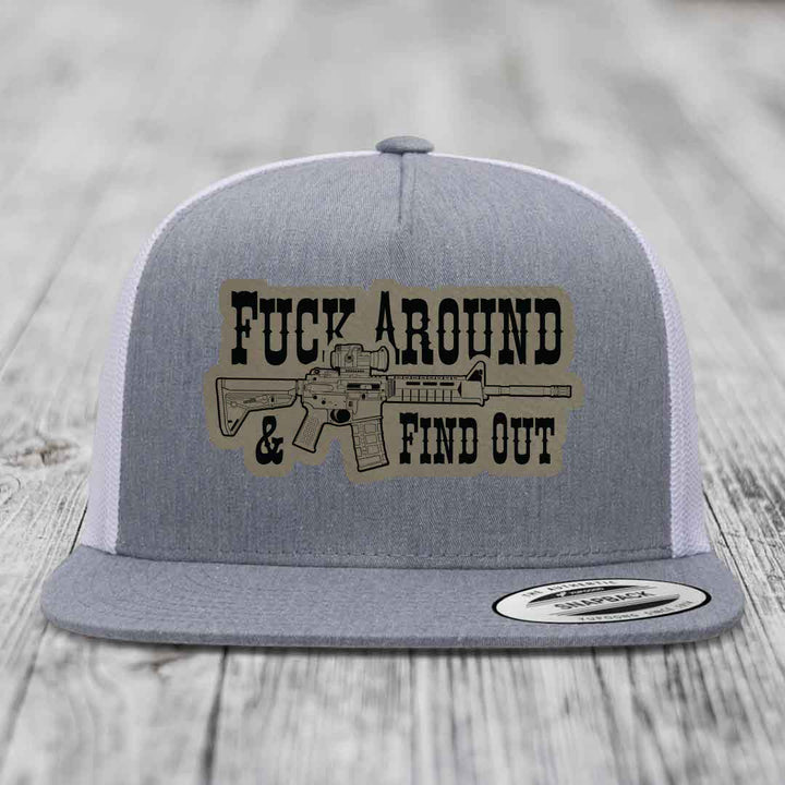 F*ck Around &amp; Find Out (AR-15) - Leather Patch Hat - Light Brown to Black Patch - Yupoong 6006 Snapback Flatbill Hat