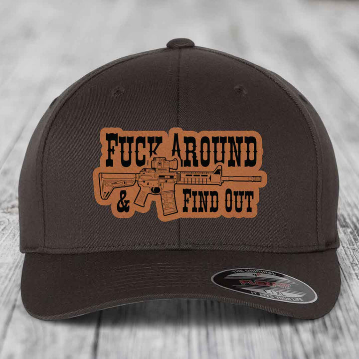 F*ck Around &amp; Find Out (AR-15) - Leather Patch Hat - Rawhide to Black Patch - Flexfit 6277 Fitted Hat