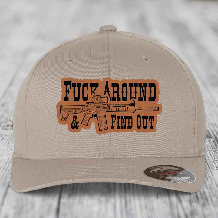 F*ck Around &amp; Find Out (AR-15) - Leather Patch Hat - Rawhide to Black Patch - Flexfit 6277 Fitted Hat