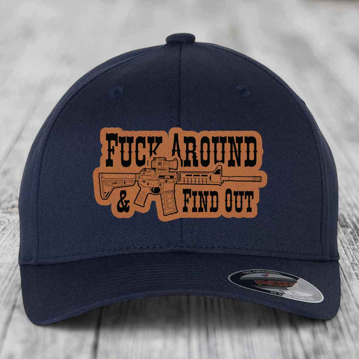 F*ck Around &amp; Find Out (AR-15) - Leather Patch Hat - Rawhide to Black Patch - Flexfit 6277 Fitted Hat