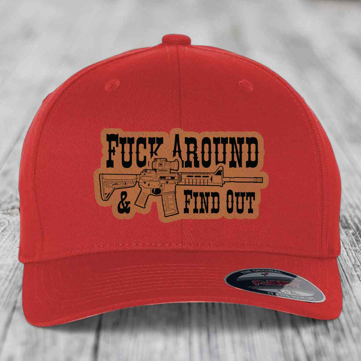 F*ck Around &amp; Find Out (AR-15) - Leather Patch Hat - Rawhide to Black Patch - Flexfit 6277 Fitted Hat