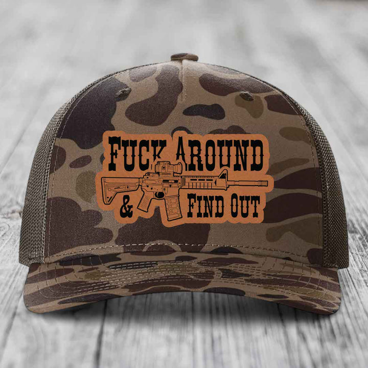 F*ck Around &amp; Find Out (AR-15) - Leather Patch Hat - Rawhide to Black Patch - Richardson 112PFP Snapback Trucker Hat