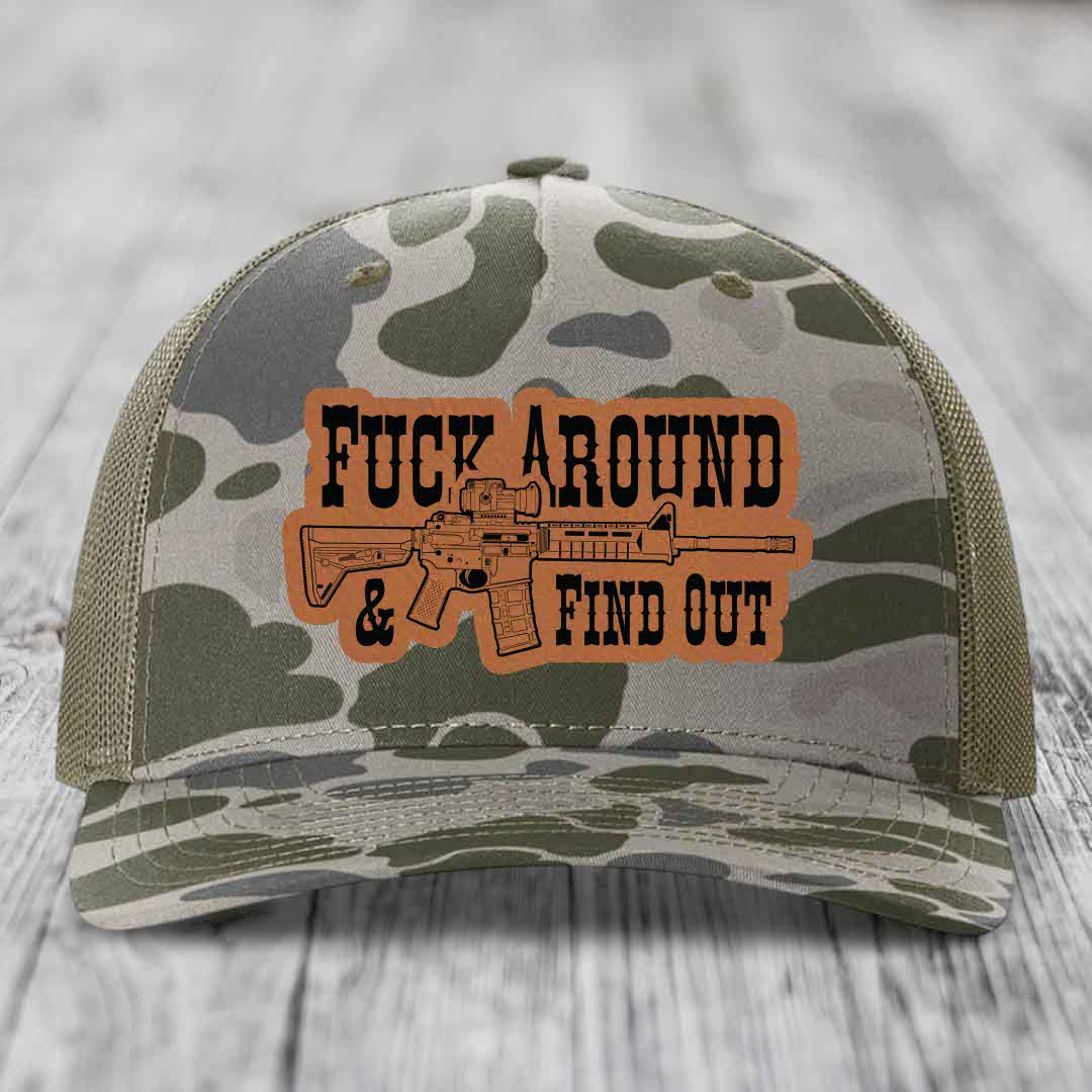 F*ck Around &amp; Find Out (AR-15) - Leather Patch Hat - Rawhide to Black Patch - Richardson 112PFP Snapback Trucker Hat