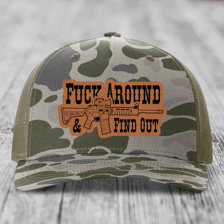 F*ck Around &amp; Find Out (AR-15) - Leather Patch Hat - Rawhide to Black Patch - Richardson 112PFP Snapback Trucker Hat