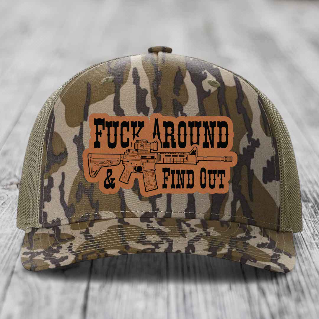 F*ck Around &amp; Find Out (AR-15) - Leather Patch Hat - Rawhide to Black Patch - Richardson 112PFP Snapback Trucker Hat