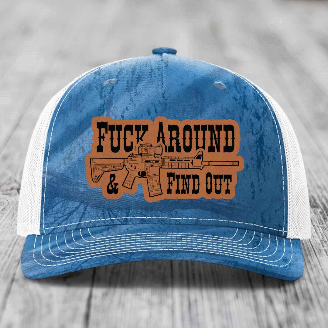 F*ck Around &amp; Find Out (AR-15) - Leather Patch Hat - Rawhide to Black Patch - Richardson 112PFP Snapback Trucker Hat