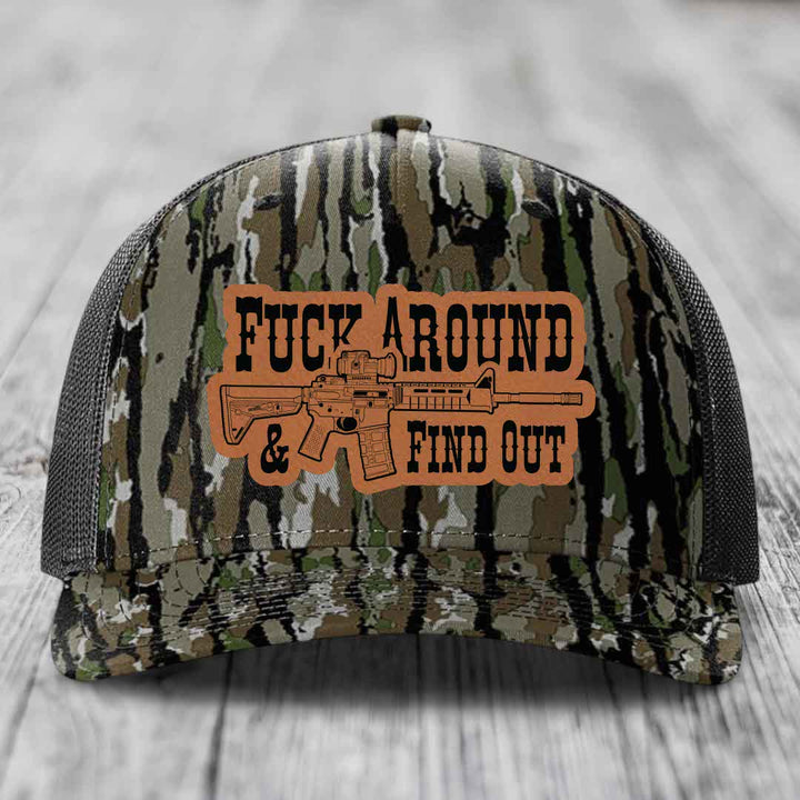 F*ck Around &amp; Find Out (AR-15) - Leather Patch Hat - Rawhide to Black Patch - Richardson 112PFP Snapback Trucker Hat
