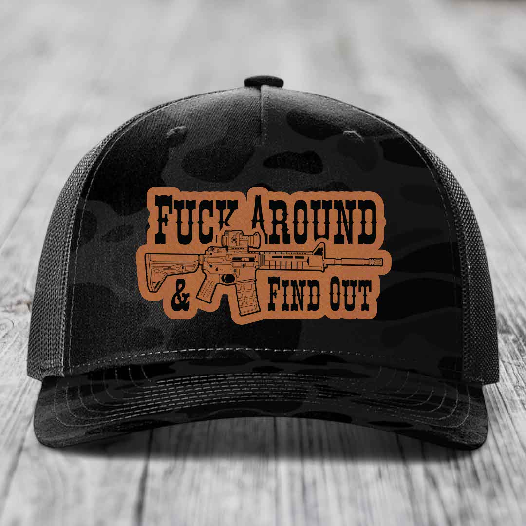 F*ck Around &amp; Find Out (AR-15) - Leather Patch Hat - Rawhide to Black Patch - Richardson 112PFP Snapback Trucker Hat