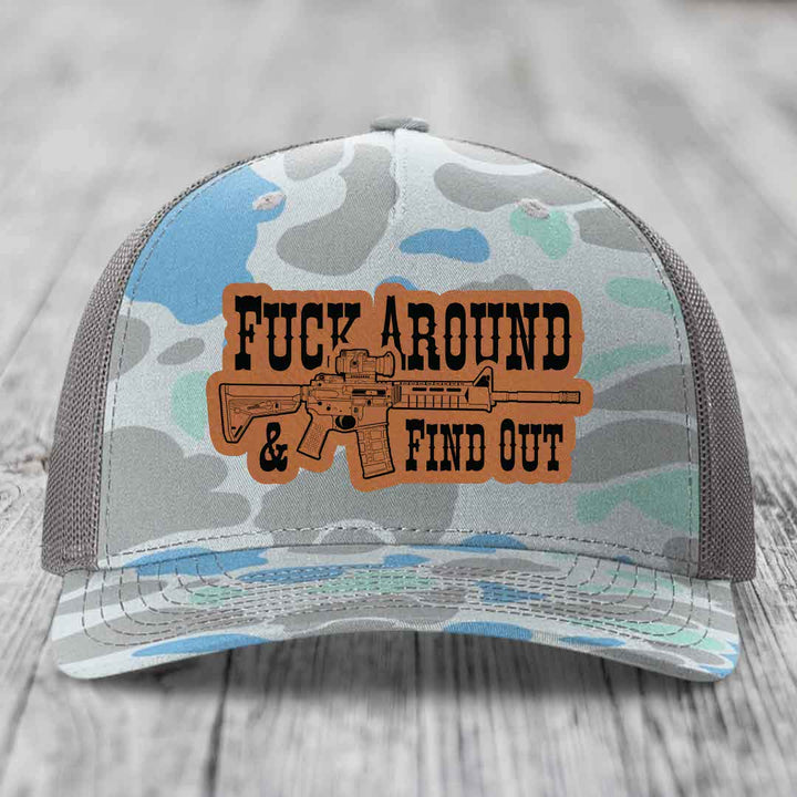F*ck Around &amp; Find Out (AR-15) - Leather Patch Hat - Rawhide to Black Patch - Richardson 112PFP Snapback Trucker Hat