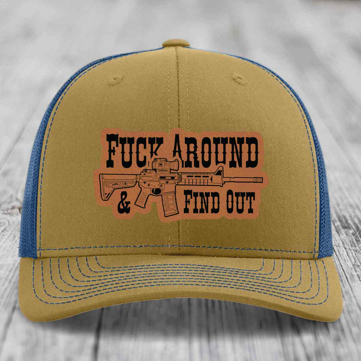 F*ck Around &amp; Find Out (AR-15) - Leather Patch Hat - Rawhide to Black Patch - Richardson 112 Snapback Trucker Hat