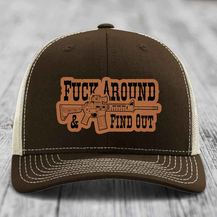 F*ck Around &amp; Find Out (AR-15) - Leather Patch Hat - Rawhide to Black Patch - Richardson 112 Snapback Trucker Hat