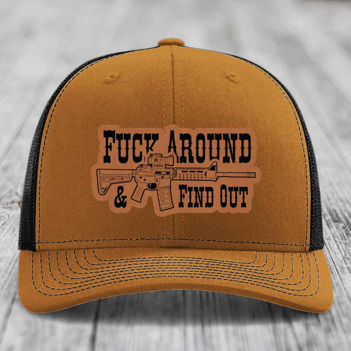 F*ck Around &amp; Find Out (AR-15) - Leather Patch Hat - Rawhide to Black Patch - Richardson 112 Snapback Trucker Hat