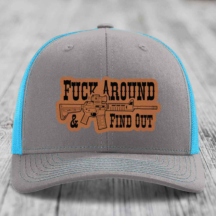 F*ck Around &amp; Find Out (AR-15) - Leather Patch Hat - Rawhide to Black Patch - Richardson 112 Snapback Trucker Hat