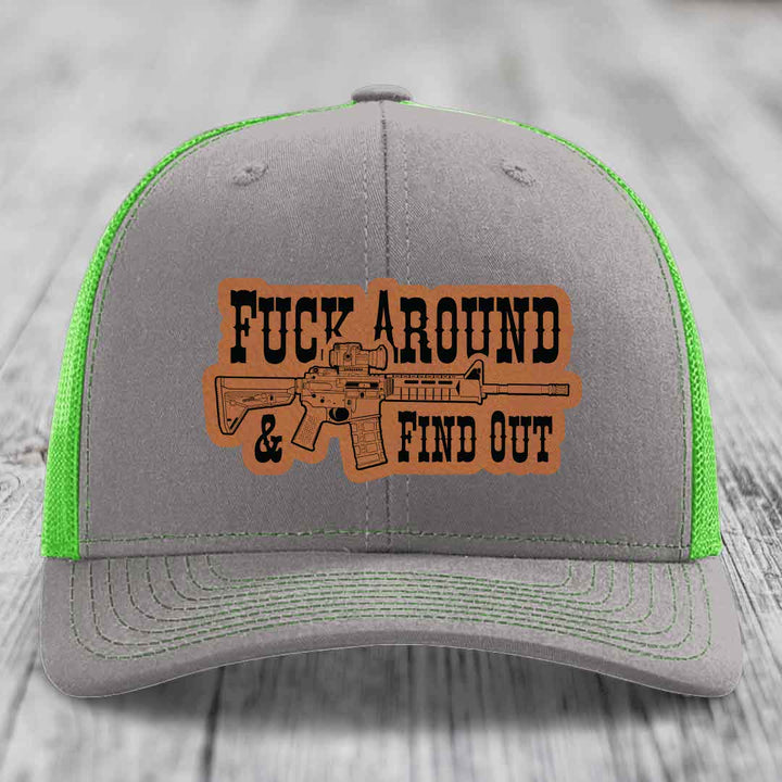 F*ck Around &amp; Find Out (AR-15) - Leather Patch Hat - Rawhide to Black Patch - Richardson 112 Snapback Trucker Hat
