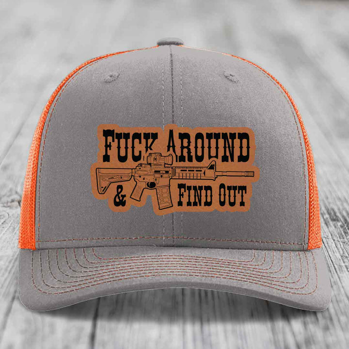 F*ck Around &amp; Find Out (AR-15) - Leather Patch Hat - Rawhide to Black Patch - Richardson 112 Snapback Trucker Hat