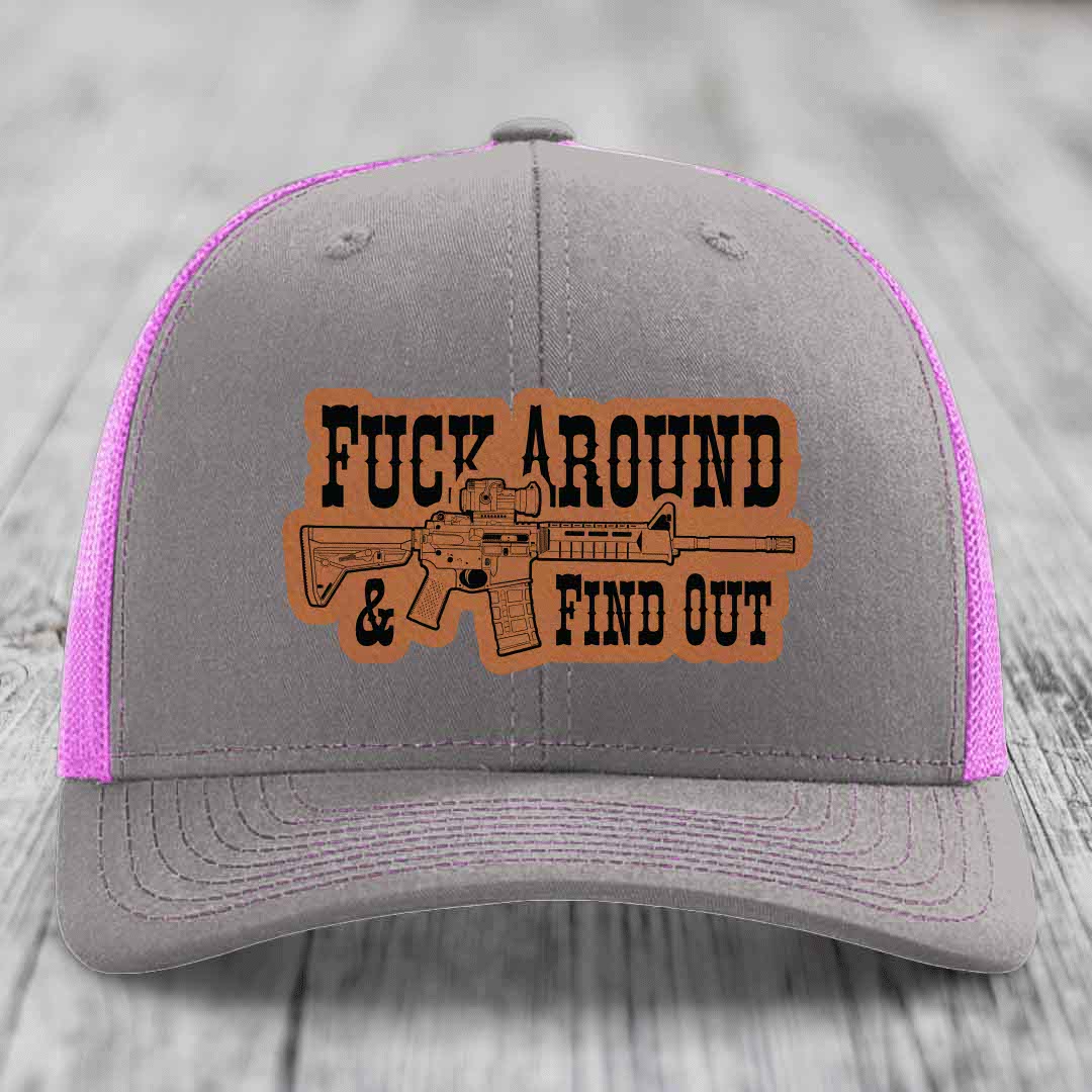 F*ck Around &amp; Find Out (AR-15) - Leather Patch Hat - Rawhide to Black Patch - Richardson 112 Snapback Trucker Hat