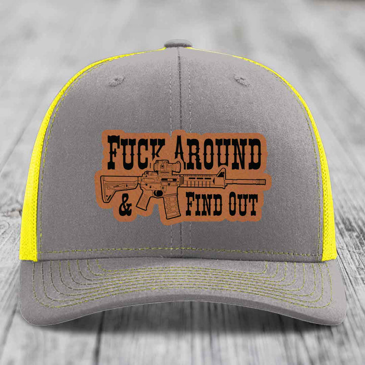 F*ck Around &amp; Find Out (AR-15) - Leather Patch Hat - Rawhide to Black Patch - Richardson 112 Snapback Trucker Hat
