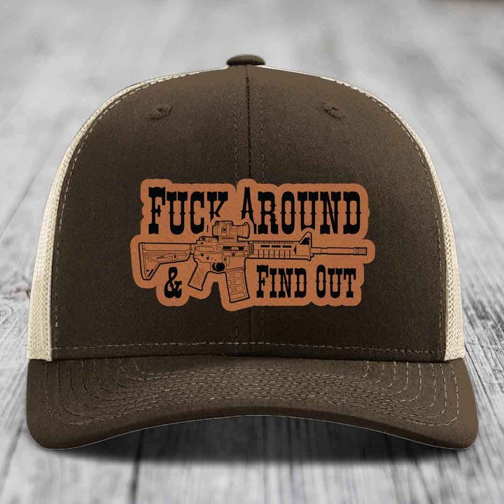F*ck Around &amp; Find Out (AR-15) - Leather Patch Hat - Rawhide to Black Patch - Richardson 112 Snapback Trucker Hat