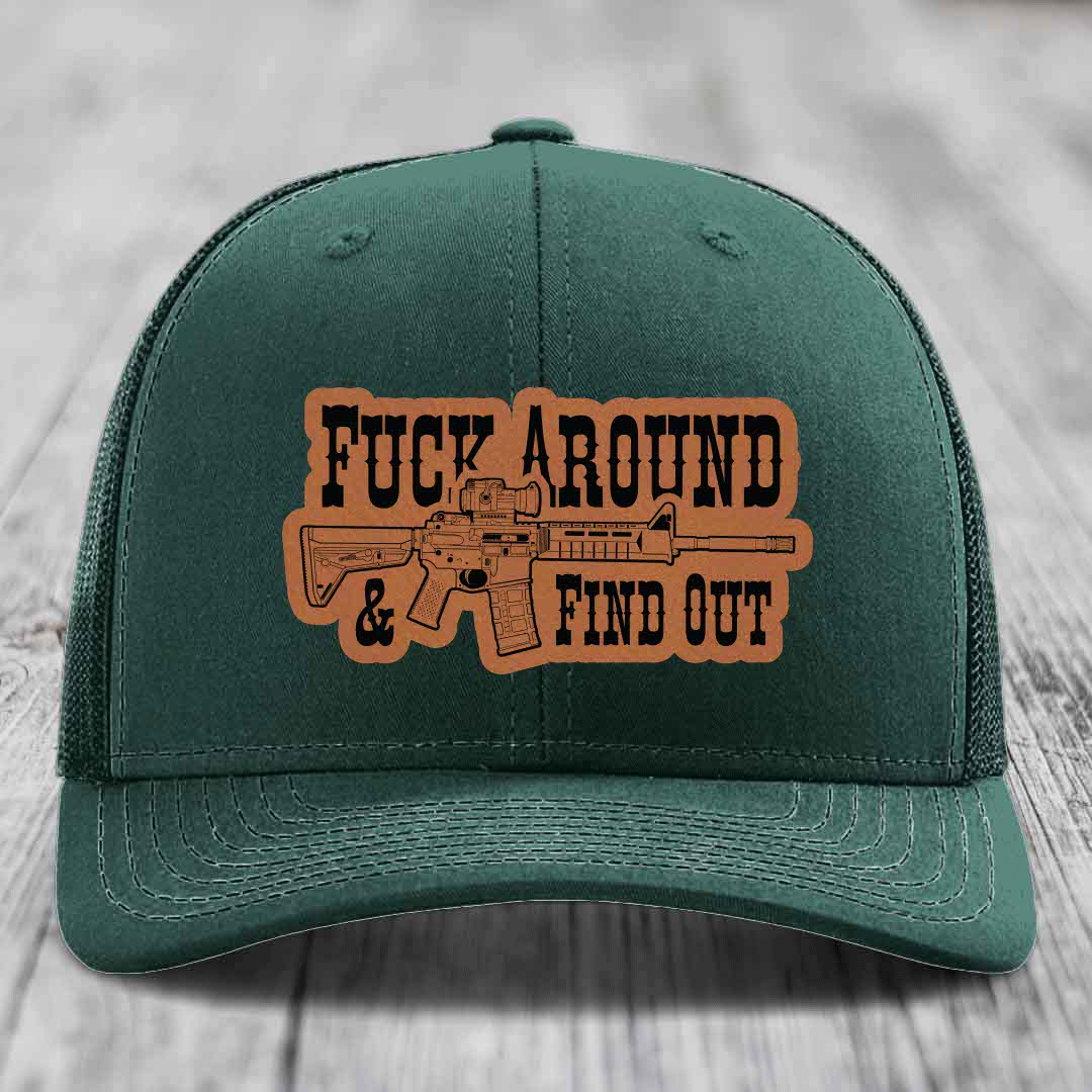 F*ck Around &amp; Find Out (AR-15) - Leather Patch Hat - Rawhide to Black Patch - Richardson 112 Snapback Trucker Hat