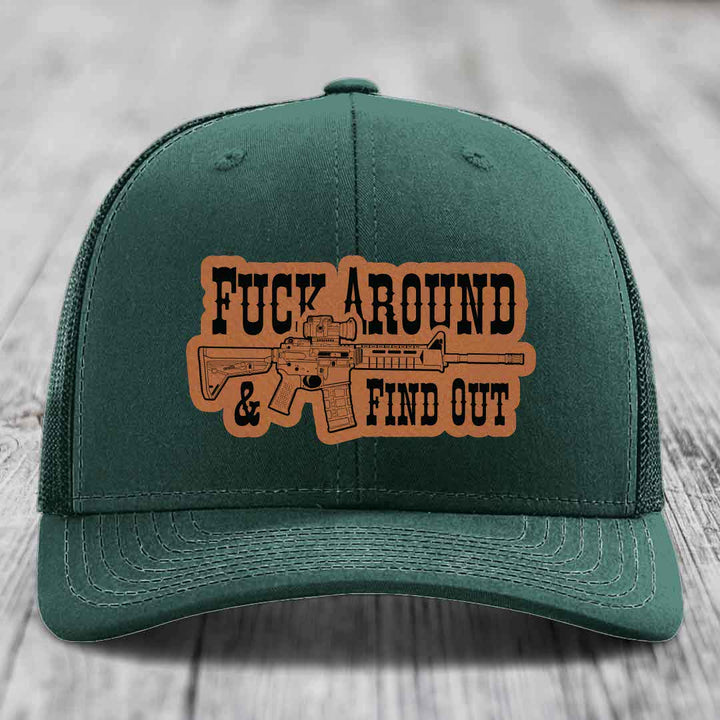 F*ck Around &amp; Find Out (AR-15) - Leather Patch Hat - Rawhide to Black Patch - Richardson 112 Snapback Trucker Hat